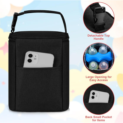 Breastmilk Cooler Bag with Ice Pack, Baby Bottle Cooler Bags, Insulated Bottle Cooler Tote Bags On The Go, Fits 4 Large 8oz Bottles, for Nursing Mom Daycare Travel, Black