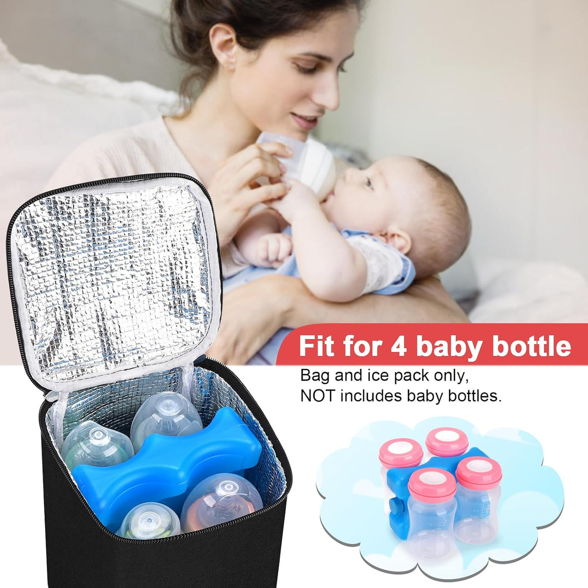 Breastmilk Cooler Bag with Ice Pack, Baby Bottle Cooler Bags, Insulated Bottle Cooler Tote Bags On The Go, Fits 4 Large 8oz Bottles, for Nursing Mom Daycare Travel, Black