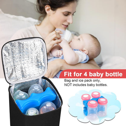 Breastmilk Cooler Bag with Ice Pack, Baby Bottle Cooler Bags, Insulated Bottle Cooler Tote Bags On The Go, Fits 4 Large 8oz Bottles, for Nursing Mom Daycare Travel, Black