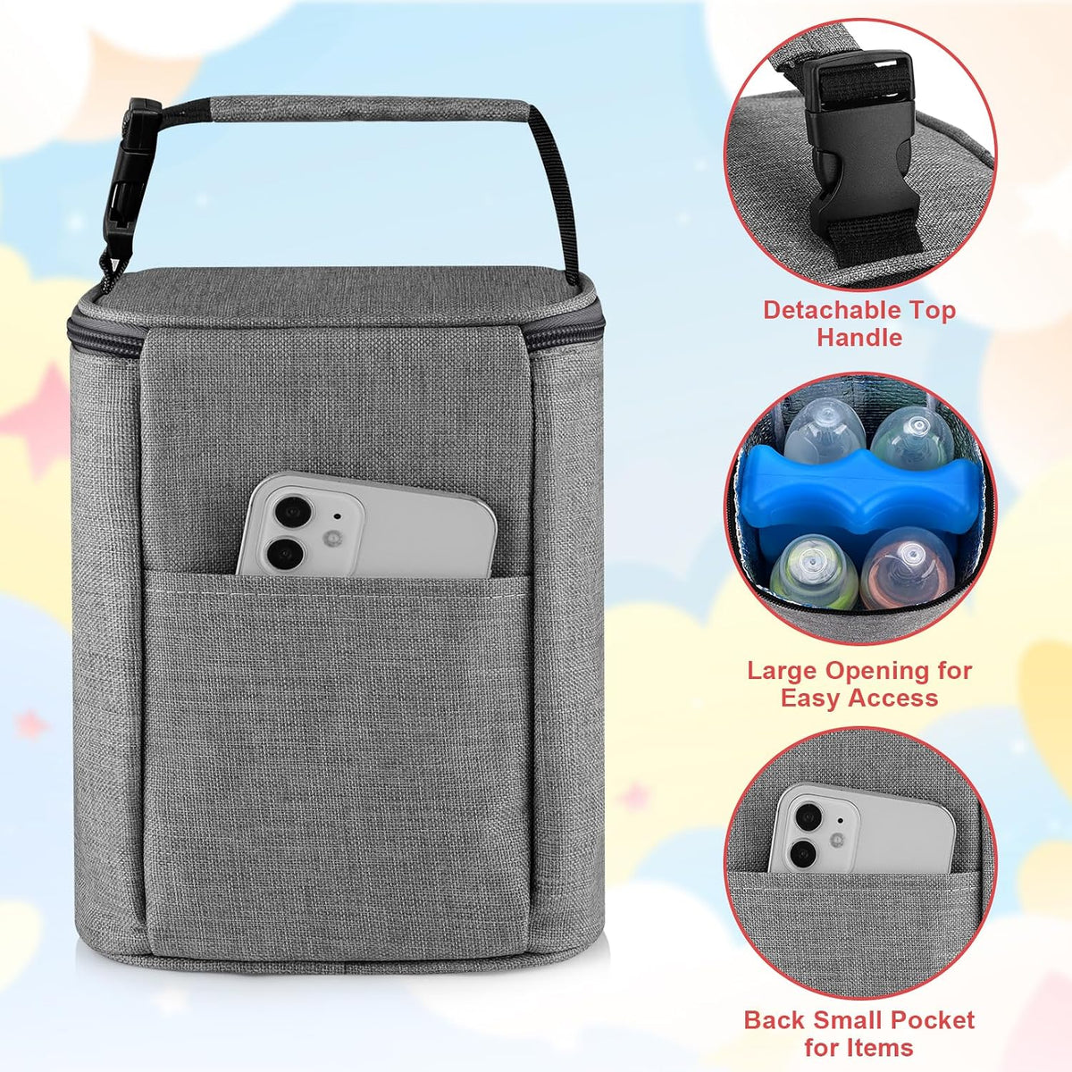 Breastmilk Cooler Bag with Ice Pack, Baby Bottle Cooler Bags, Insulated Bottle Cooler Tote Bags On The Go, Fits 4 Large 8oz Bottles, for Nursing Mom Daycare Travel, Black
