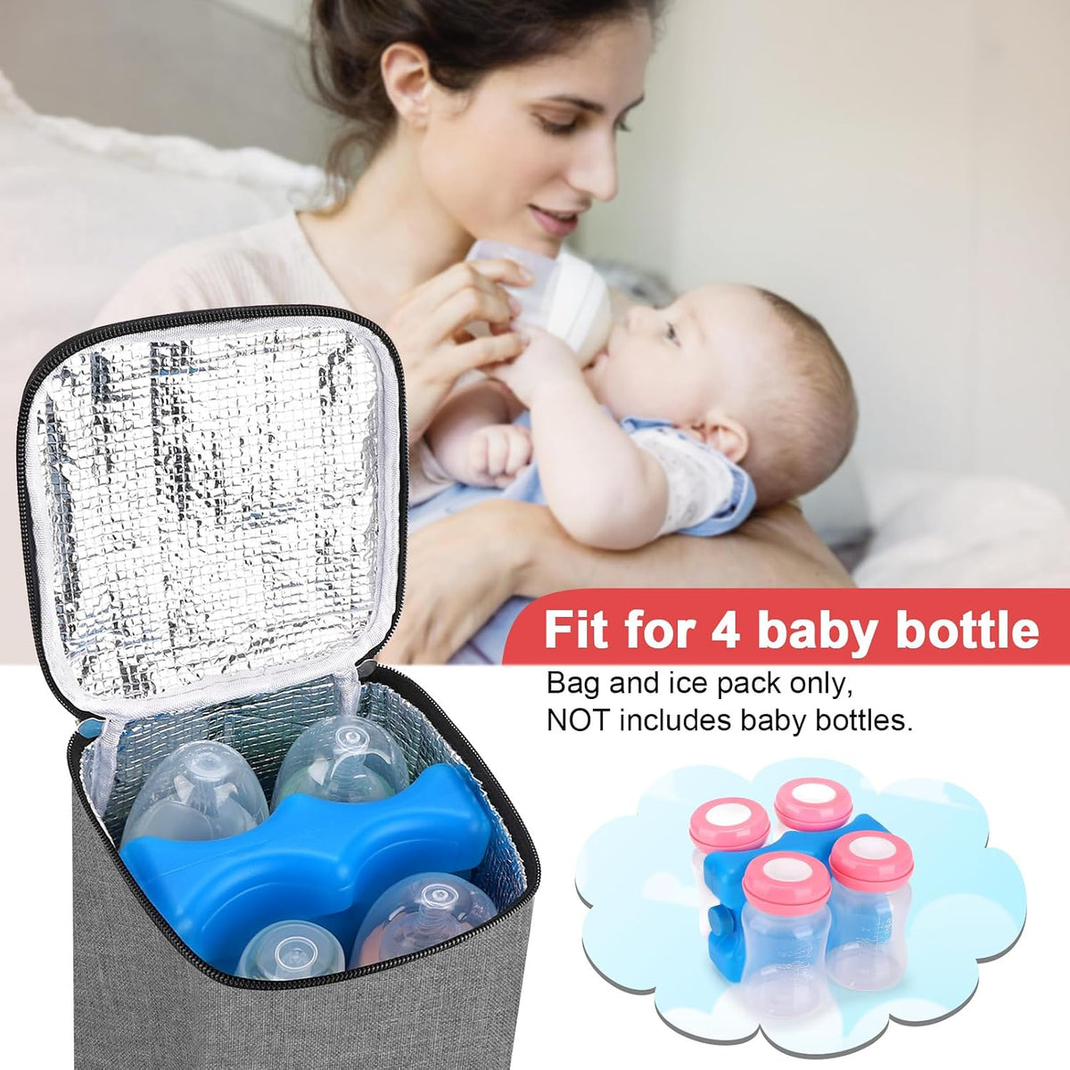 Breastmilk Cooler Bag with Ice Pack, Baby Bottle Cooler Bags, Insulated Bottle Cooler Tote Bags On The Go, Fits 4 Large 8oz Bottles, for Nursing Mom Daycare Travel, Black