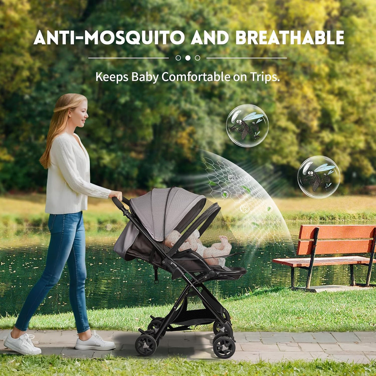 bemece 2-in-1 Stroller Mosquito Net with UPF 50+ Sun Shade