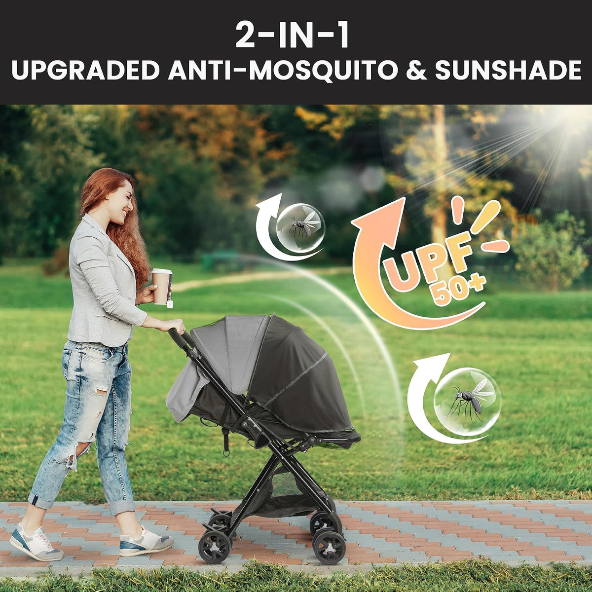 bemece 2-in-1 Stroller Mosquito Net with UPF 50+ Sun Shade