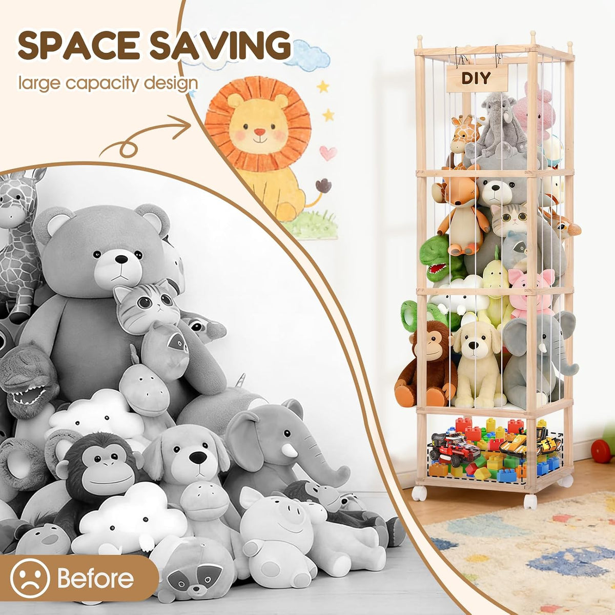 Wooden Stuffed Animal Storage Tower-Large Toy Zoo Organizer&Holder