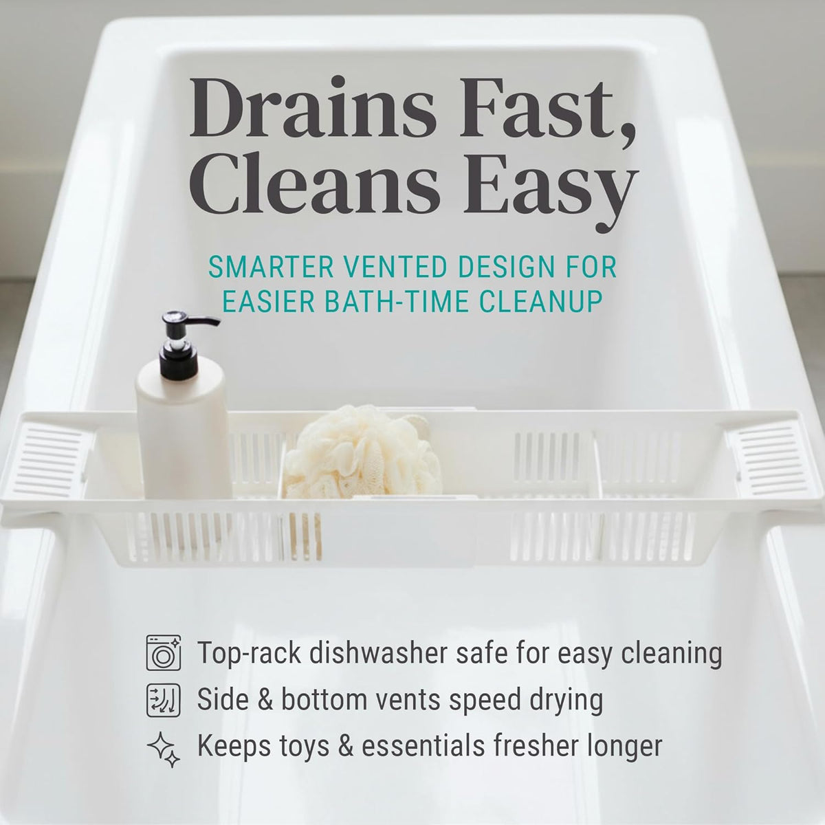 KidCo Bath Toy Organizer Storage Basket, 3 Compartment Horizontal Large Openings Bath Toy Organizer for Tub, Large Capacity Bath Toy Organizer with Large Openings, White