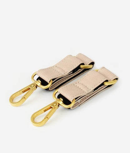 The Stroller Hooks 2 Pack, Stroller Clips for Stroller Caddy with Faux Leather Stroller Straps and Bag Hooks, Fit Most Strollers, 4.5x1x1 inches, Beige