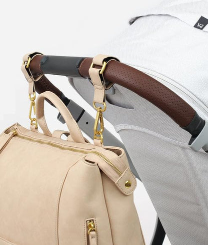 The Stroller Hooks 2 Pack, Stroller Clips for Stroller Caddy with Faux Leather Stroller Straps and Bag Hooks, Fit Most Strollers, 4.5x1x1 inches, Beige