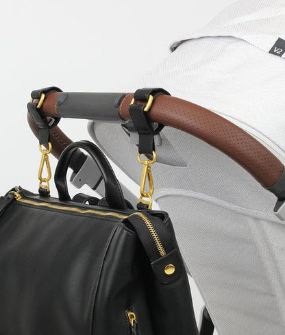 The Stroller Hooks 2 Pack, Stroller Clips for Stroller Caddy with Faux Leather Stroller Straps and Bag Hooks, Fit Most Strollers, 4.5x1x1 inches, Beige