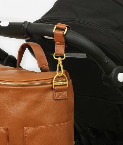 The Stroller Hooks 2 Pack, Stroller Clips for Stroller Caddy with Faux Leather Stroller Straps and Bag Hooks, Fit Most Strollers, 4.5x1x1 inches, Beige