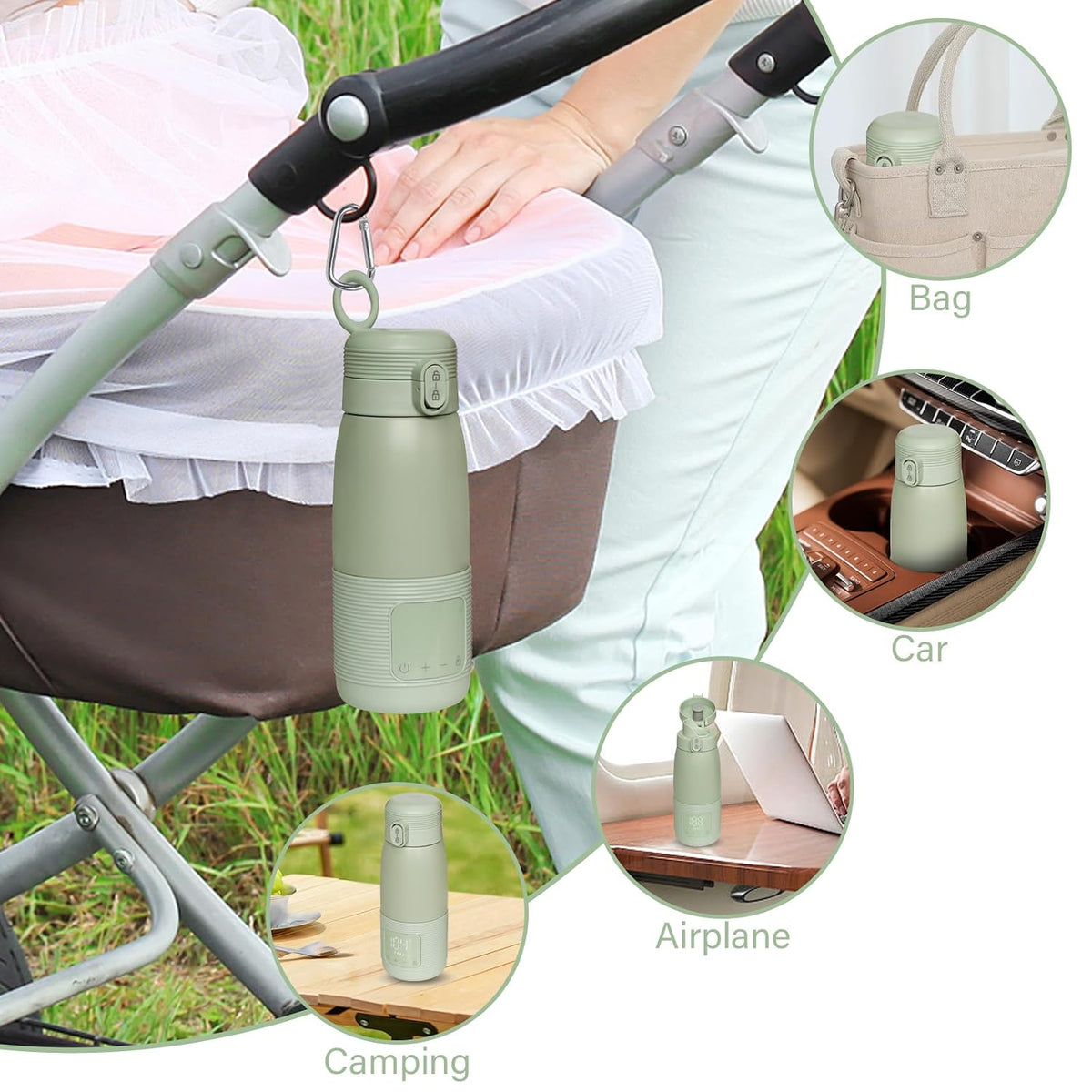 Portable Bottle Warmer for Travel - 5-Min Heating for Breast Milk, Formula & Water, 12oz Large Capacity, Long Battery Life, Baby Flask for Vehicle Car Airplane Journey