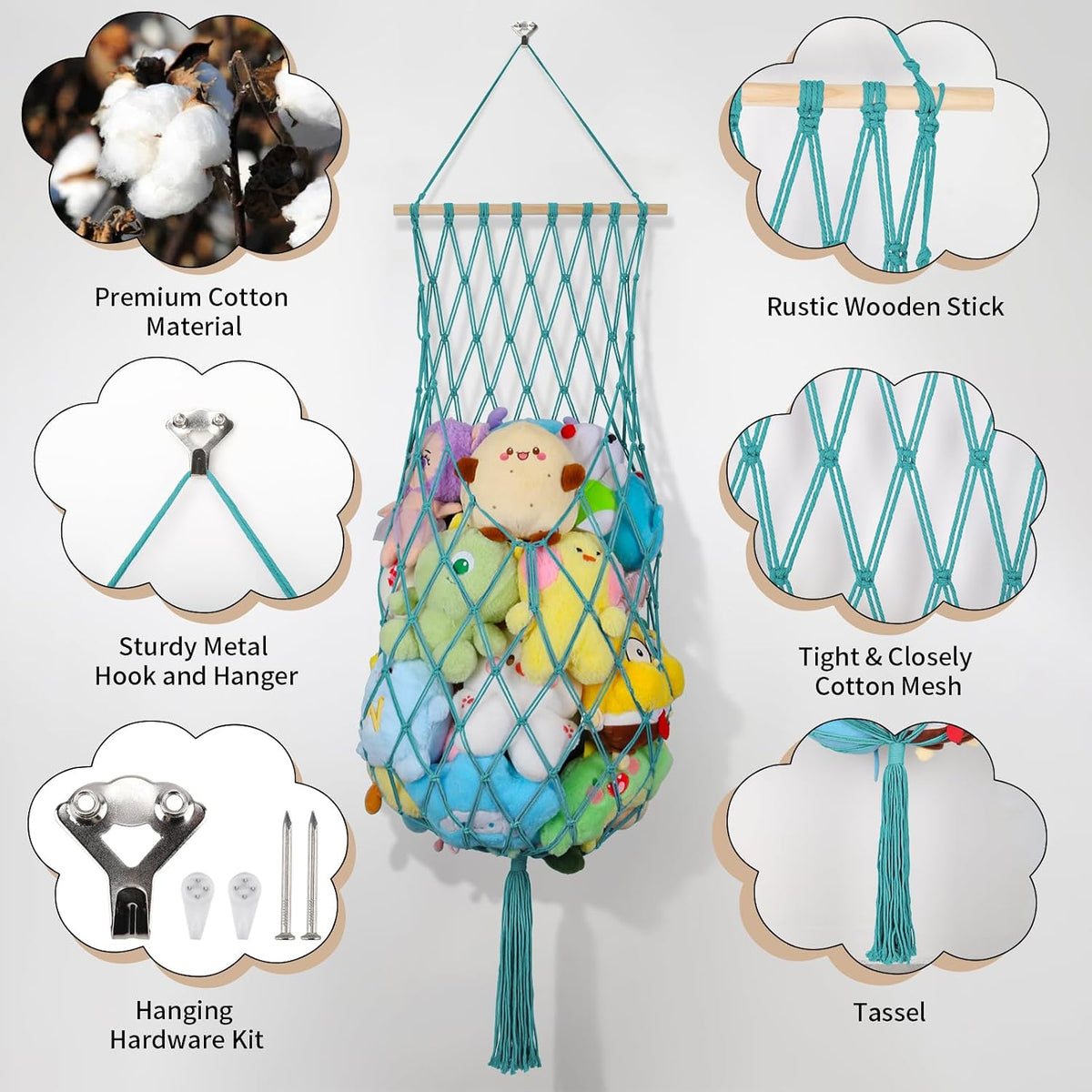 63Inch Stuffed Animal Storage Hammock Corner,Boho Plushie Net,Black