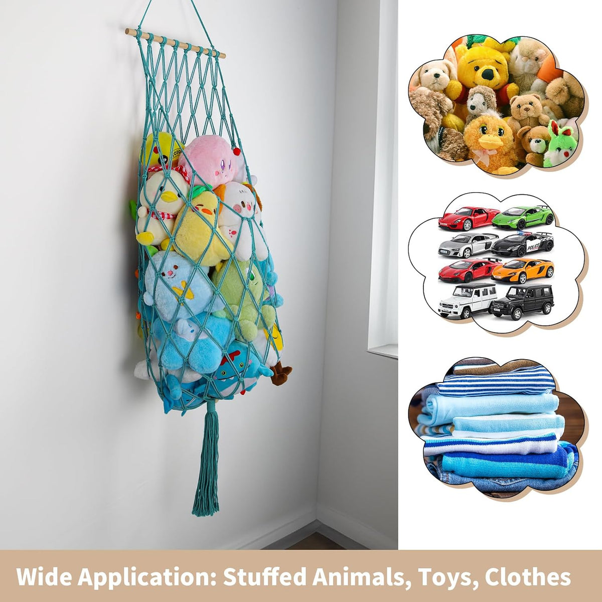 63Inch Stuffed Animal Storage Hammock Corner,Boho Plushie Net,Black