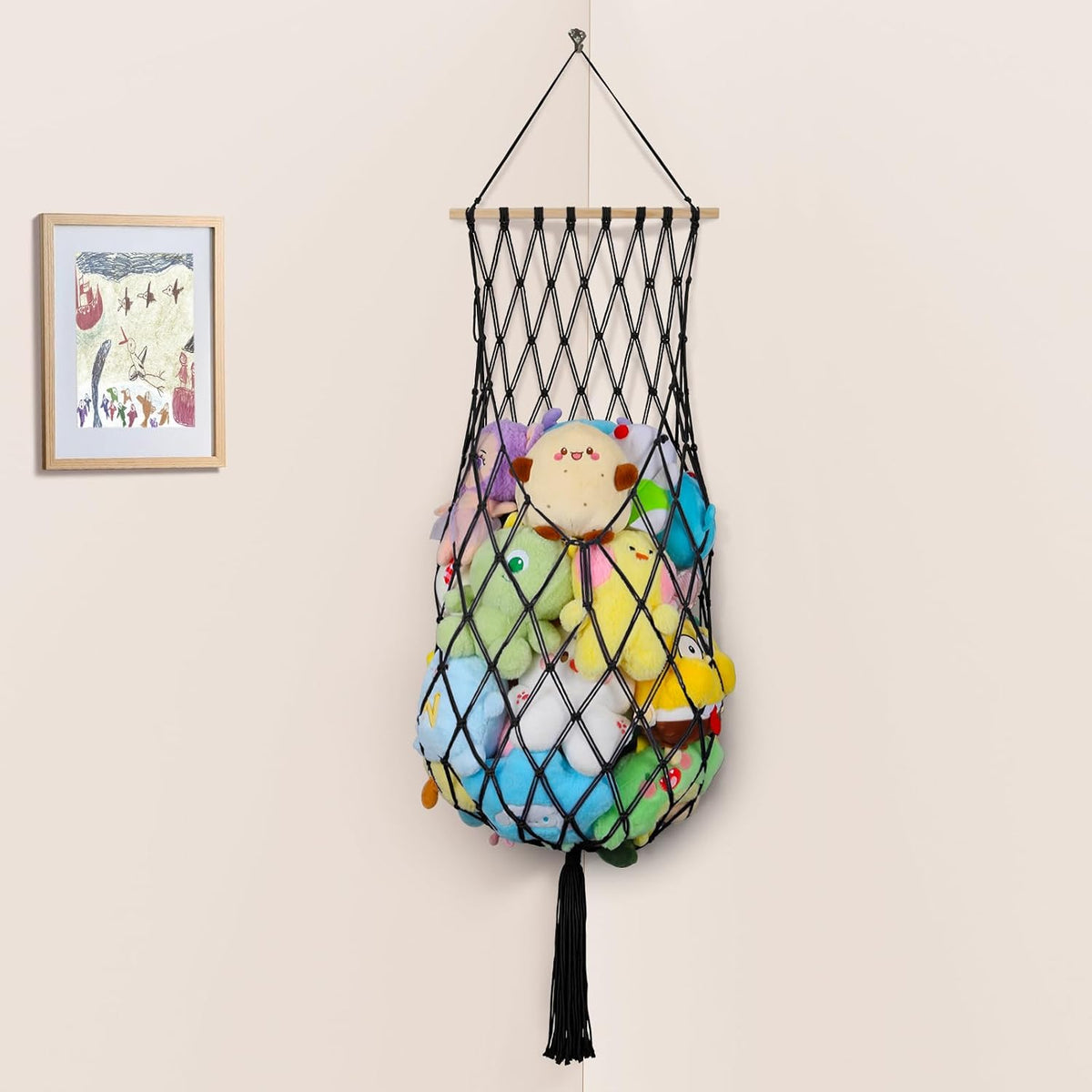63Inch Stuffed Animal Storage Hammock Corner,Boho Plushie Net,Black