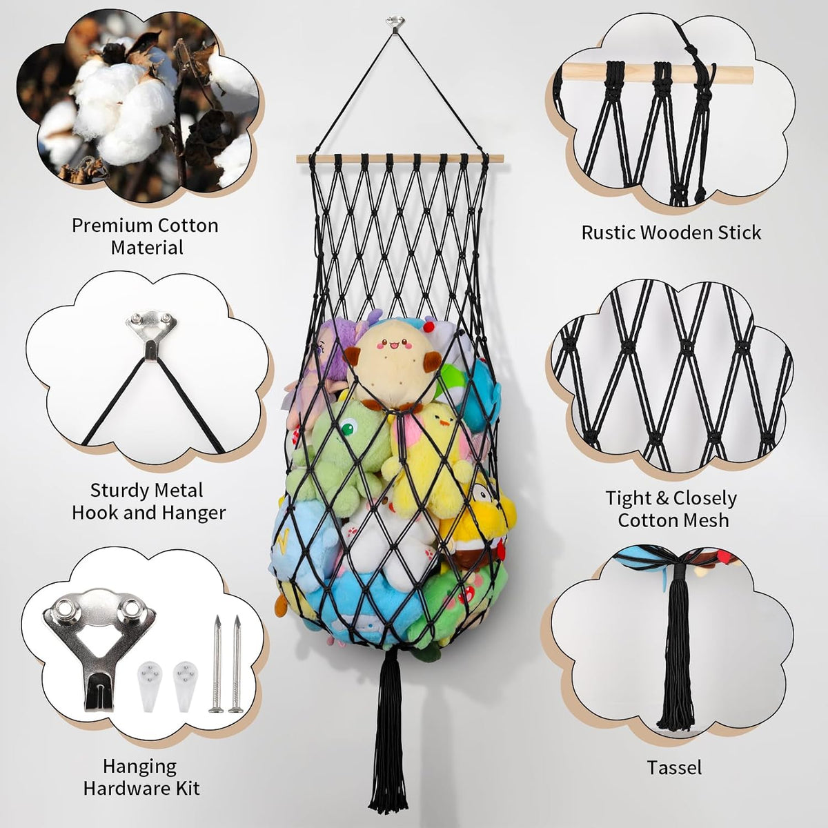 63Inch Stuffed Animal Storage Hammock Corner,Boho Plushie Net,Black