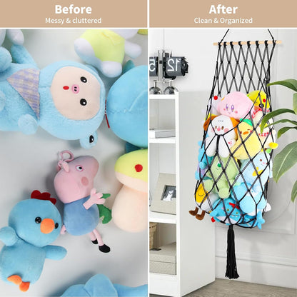 63Inch Stuffed Animal Storage Hammock Corner,Boho Plushie Net,Black