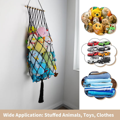 63Inch Stuffed Animal Storage Hammock Corner,Boho Plushie Net,Black