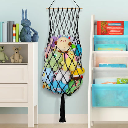 63Inch Stuffed Animal Storage Hammock Corner,Boho Plushie Net,Black