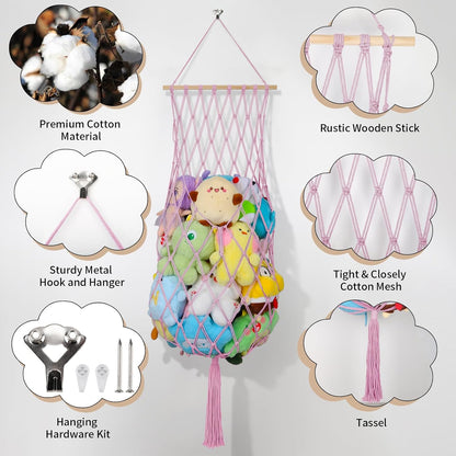63Inch Stuffed Animal Storage Hammock Corner,Boho Plushie Net,Black