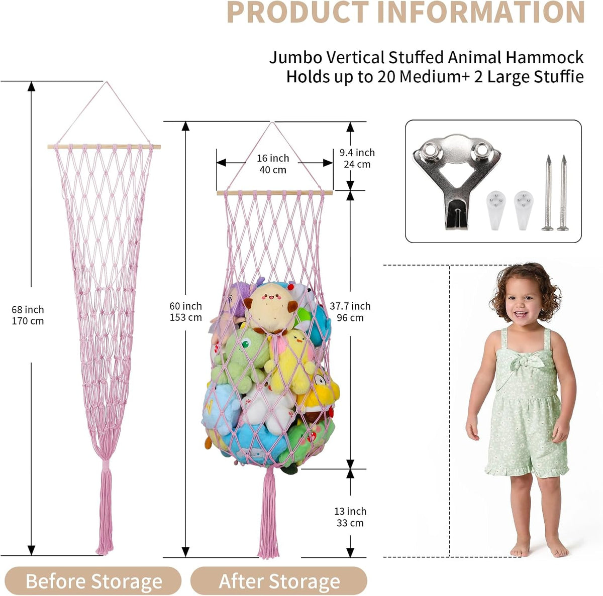 63Inch Stuffed Animal Storage Hammock Corner,Boho Plushie Net,Black