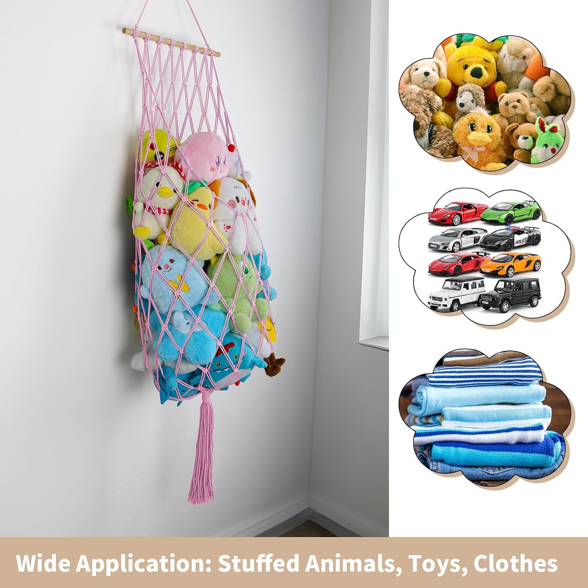 63Inch Stuffed Animal Storage Hammock Corner,Boho Plushie Net,Black