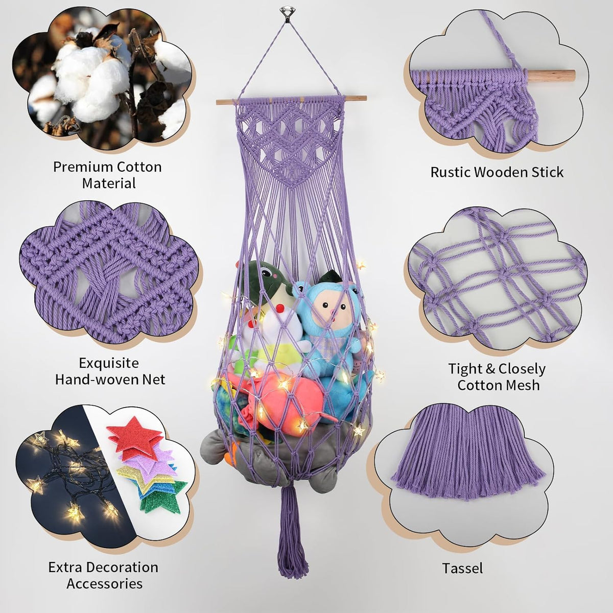 63Inch Stuffed Animal Storage Hammock Corner,Boho Plushie Net,Black