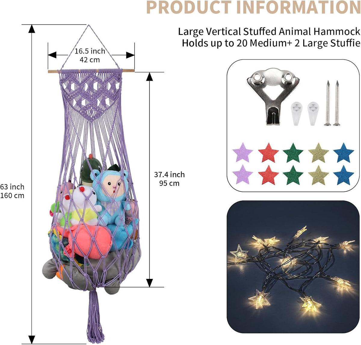 63Inch Stuffed Animal Storage Hammock Corner,Boho Plushie Net,Black