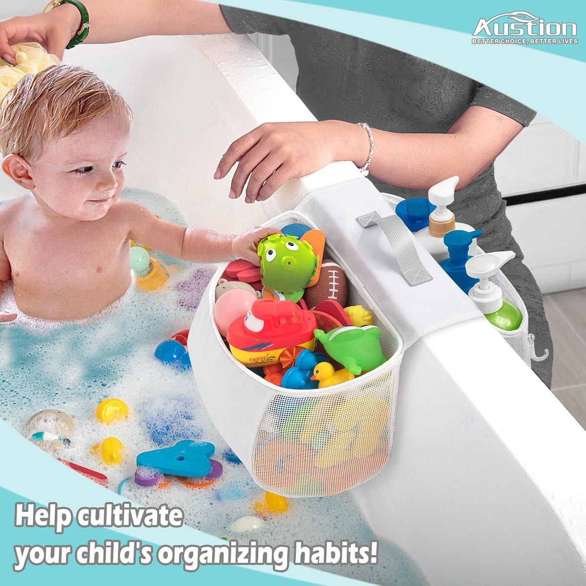 Saddle shape 2 Compartments Bath Toy Organizer, Easy Access for Children, Wide Opening Bath Toy Holder for Drying Toys and Storage, Mesh Shower Toy Holder and Bath Tub Toy Storage Organizer for Tub.