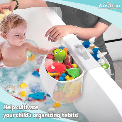Saddle shape 2 Compartments Bath Toy Organizer, Easy Access for Children, Wide Opening Bath Toy Holder for Drying Toys and Storage, Mesh Shower Toy Holder and Bath Tub Toy Storage Organizer for Tub.
