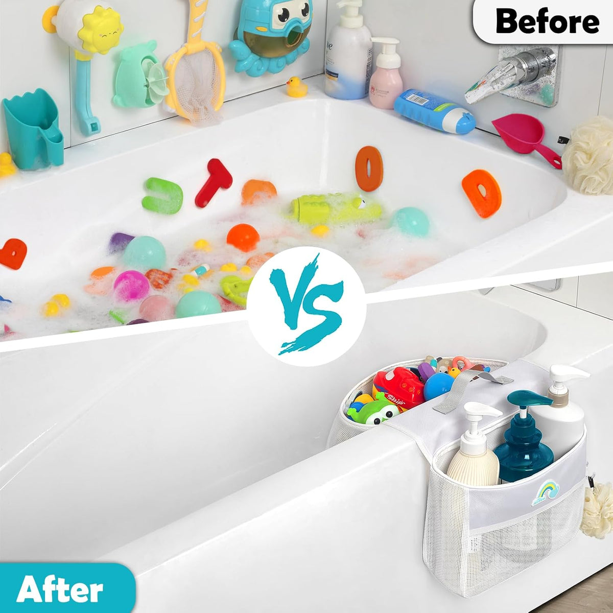Saddle shape 2 Compartments Bath Toy Organizer, Easy Access for Children, Wide Opening Bath Toy Holder for Drying Toys and Storage, Mesh Shower Toy Holder and Bath Tub Toy Storage Organizer for Tub.