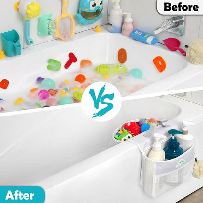 Saddle shape 2 Compartments Bath Toy Organizer, Easy Access for Children, Wide Opening Bath Toy Holder for Drying Toys and Storage, Mesh Shower Toy Holder and Bath Tub Toy Storage Organizer for Tub.