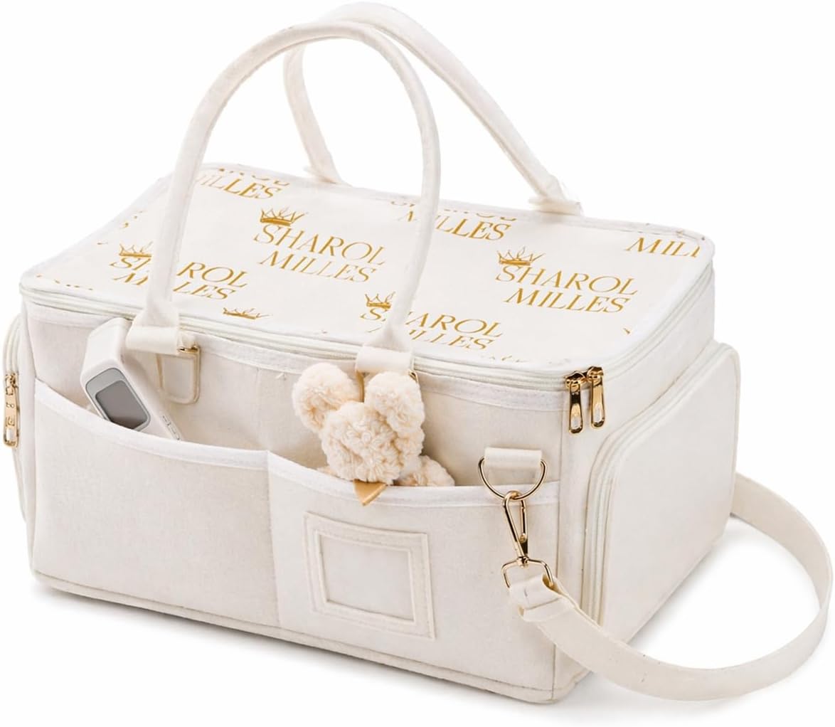 Portable Diaper Caddy, Large 17.1L Nursery Storage Basket with Handle, Baby Essentials Organizer for Changing Table, Travel Use, Beige