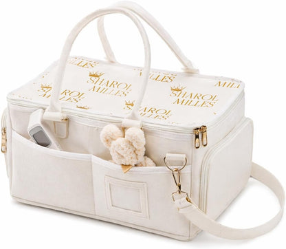 Portable Diaper Caddy, Large 17.1L Nursery Storage Basket with Handle, Baby Essentials Organizer for Changing Table, Travel Use, Beige