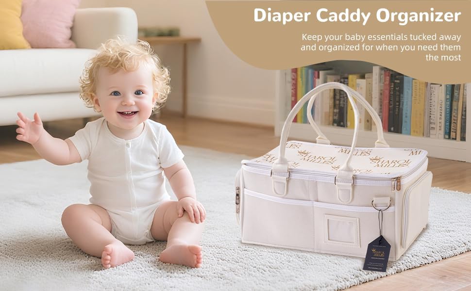 Portable Diaper Caddy, Large 17.1L Nursery Storage Basket with Handle, Baby Essentials Organizer for Changing Table, Travel Use, Beige