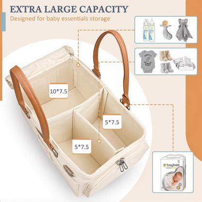 Portable Diaper Caddy, Large 17.1L Nursery Storage Basket with Handle, Baby Essentials Organizer for Changing Table, Travel Use, Beige