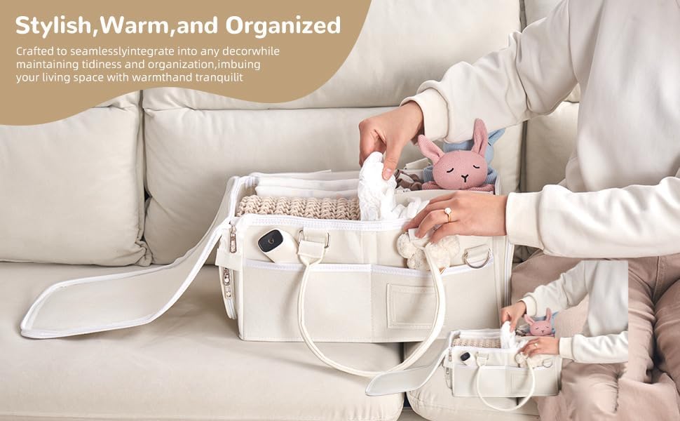 Portable Diaper Caddy, Large 17.1L Nursery Storage Basket with Handle, Baby Essentials Organizer for Changing Table, Travel Use, Beige