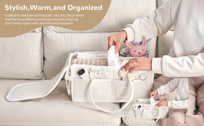 Portable Diaper Caddy, Large 17.1L Nursery Storage Basket with Handle, Baby Essentials Organizer for Changing Table, Travel Use, Beige