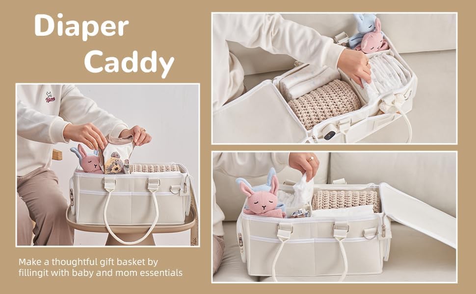 Portable Diaper Caddy, Large 17.1L Nursery Storage Basket with Handle, Baby Essentials Organizer for Changing Table, Travel Use, Beige