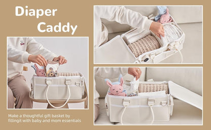 Portable Diaper Caddy, Large 17.1L Nursery Storage Basket with Handle, Baby Essentials Organizer for Changing Table, Travel Use, Beige