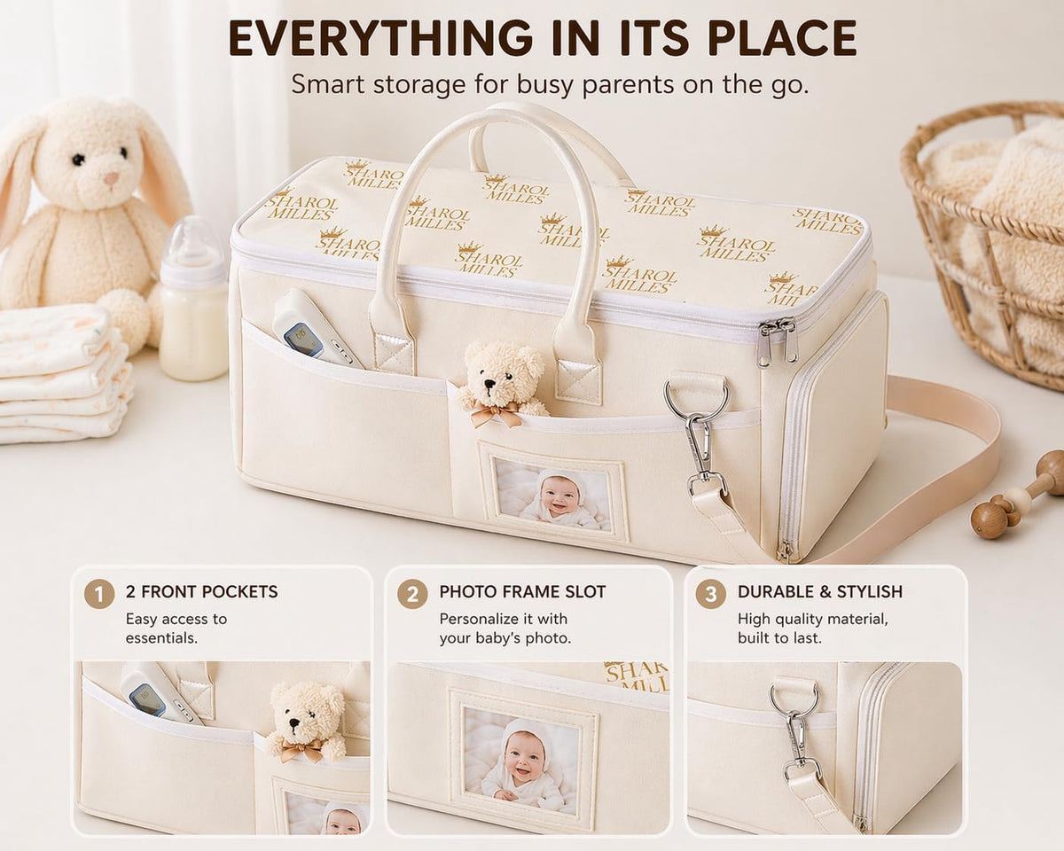 Portable Diaper Caddy, Large 17.1L Nursery Storage Basket with Handle, Baby Essentials Organizer for Changing Table, Travel Use, Beige