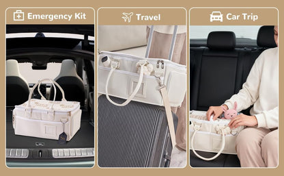 Portable Diaper Caddy, Large 17.1L Nursery Storage Basket with Handle, Baby Essentials Organizer for Changing Table, Travel Use, Beige