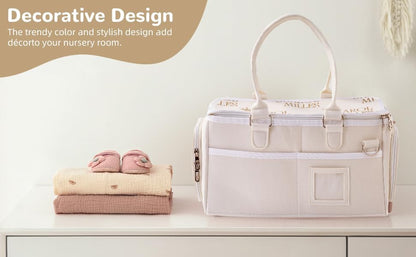 Portable Diaper Caddy, Large 17.1L Nursery Storage Basket with Handle, Baby Essentials Organizer for Changing Table, Travel Use, Beige