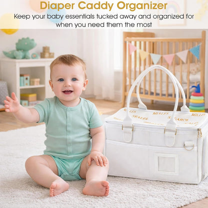 Portable Diaper Caddy, Large 17.1L Nursery Storage Basket with Handle, Baby Essentials Organizer for Changing Table, Travel Use, Beige
