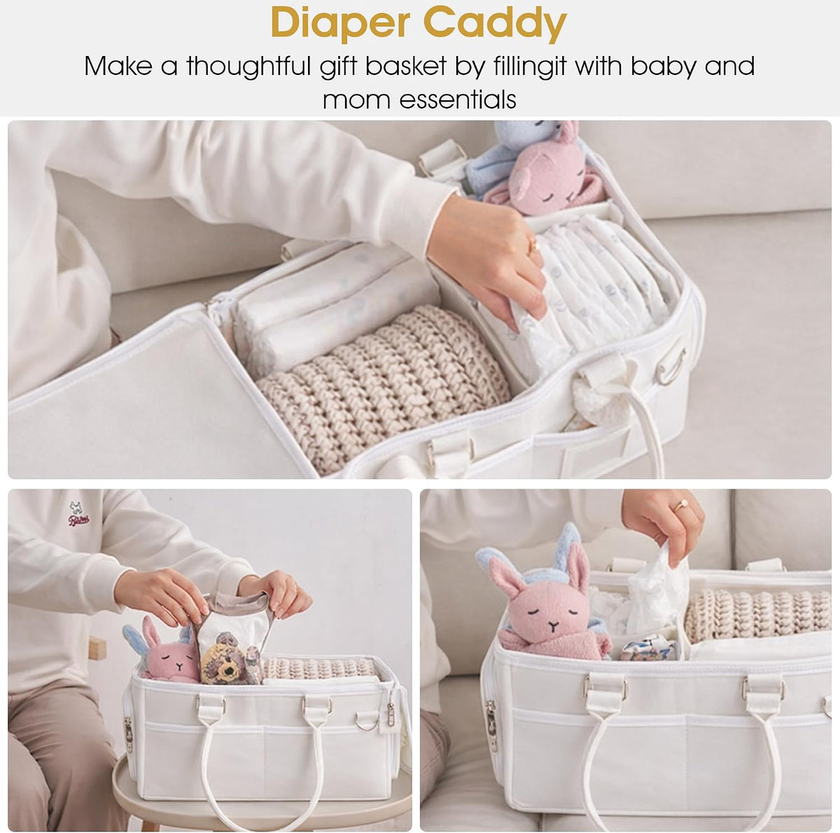 Portable Diaper Caddy, Large 17.1L Nursery Storage Basket with Handle, Baby Essentials Organizer for Changing Table, Travel Use, Beige