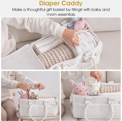 Portable Diaper Caddy, Large 17.1L Nursery Storage Basket with Handle, Baby Essentials Organizer for Changing Table, Travel Use, Beige