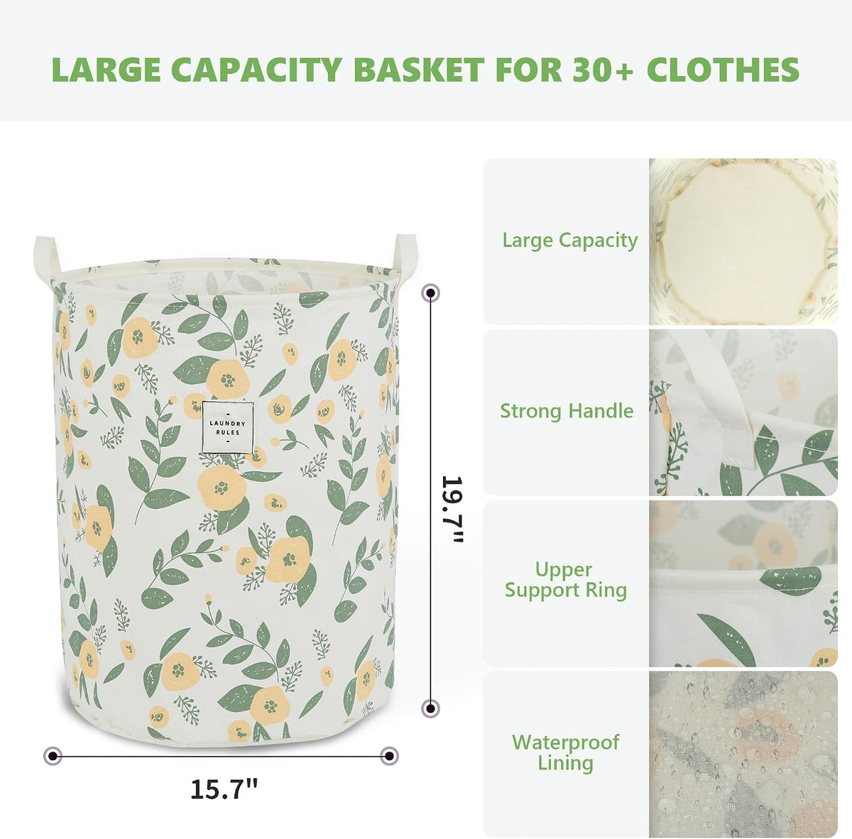 Large Foldable Laundry Basket Hamper Holder Portable Tall Collapsible Laundry Hamper Nusery Storage Basket Bin with Handles, Canvas & Waterproof lining for Household Items (Floral Pink)