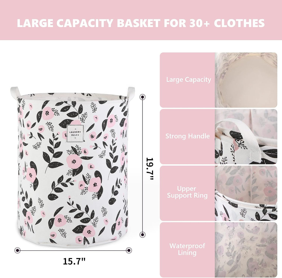 Large Foldable Laundry Basket Hamper Holder Portable Tall Collapsible Laundry Hamper Nusery Storage Basket Bin with Handles, Canvas & Waterproof lining for Household Items (Floral Pink)