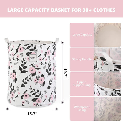Large Foldable Laundry Basket Hamper Holder Portable Tall Collapsible Laundry Hamper Nusery Storage Basket Bin with Handles, Canvas & Waterproof lining for Household Items (Floral Pink)