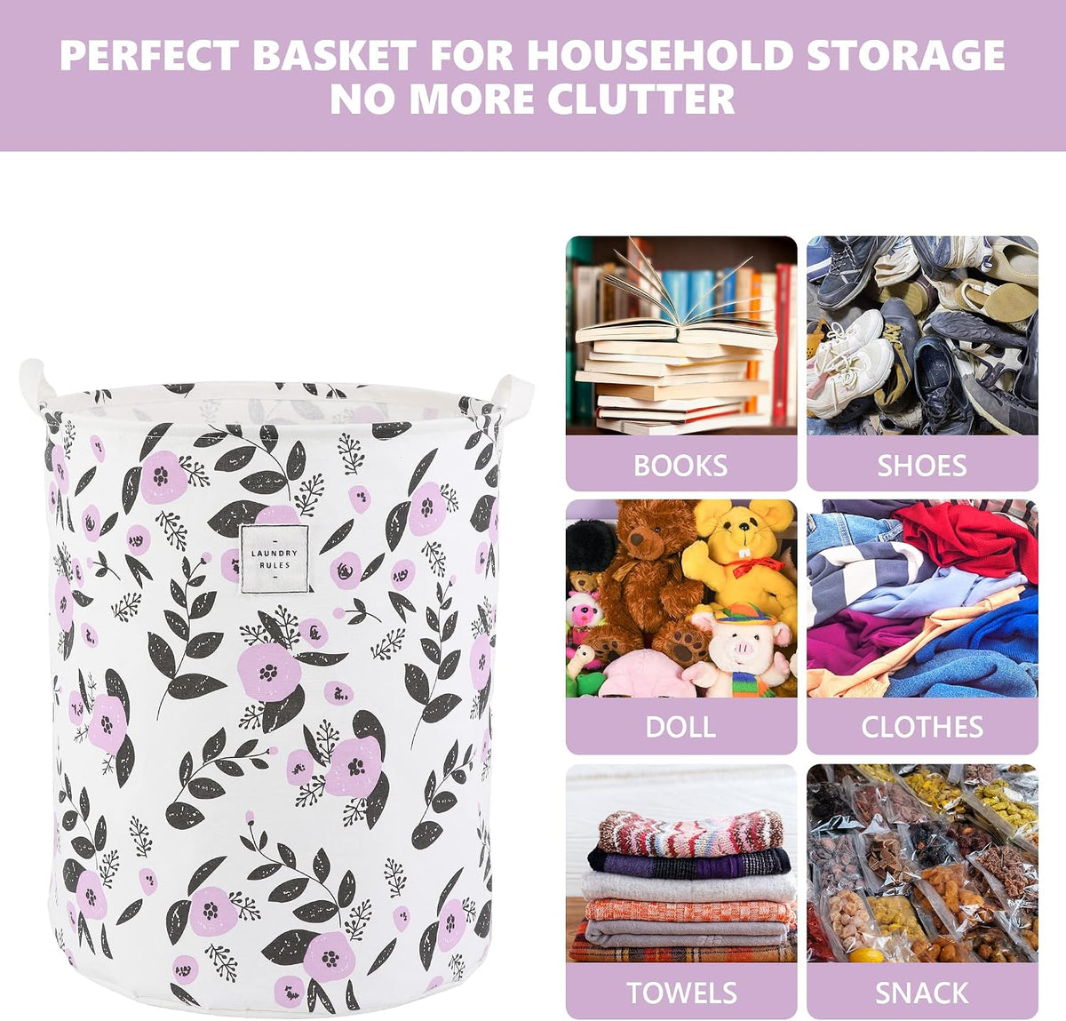 Large Foldable Laundry Basket Hamper Holder Portable Tall Collapsible Laundry Hamper Nusery Storage Basket Bin with Handles, Canvas & Waterproof lining for Household Items (Floral Pink)
