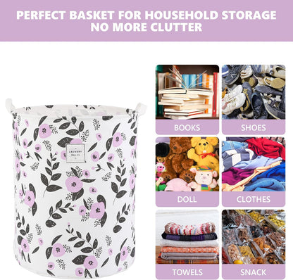 Large Foldable Laundry Basket Hamper Holder Portable Tall Collapsible Laundry Hamper Nusery Storage Basket Bin with Handles, Canvas & Waterproof lining for Household Items (Floral Pink)
