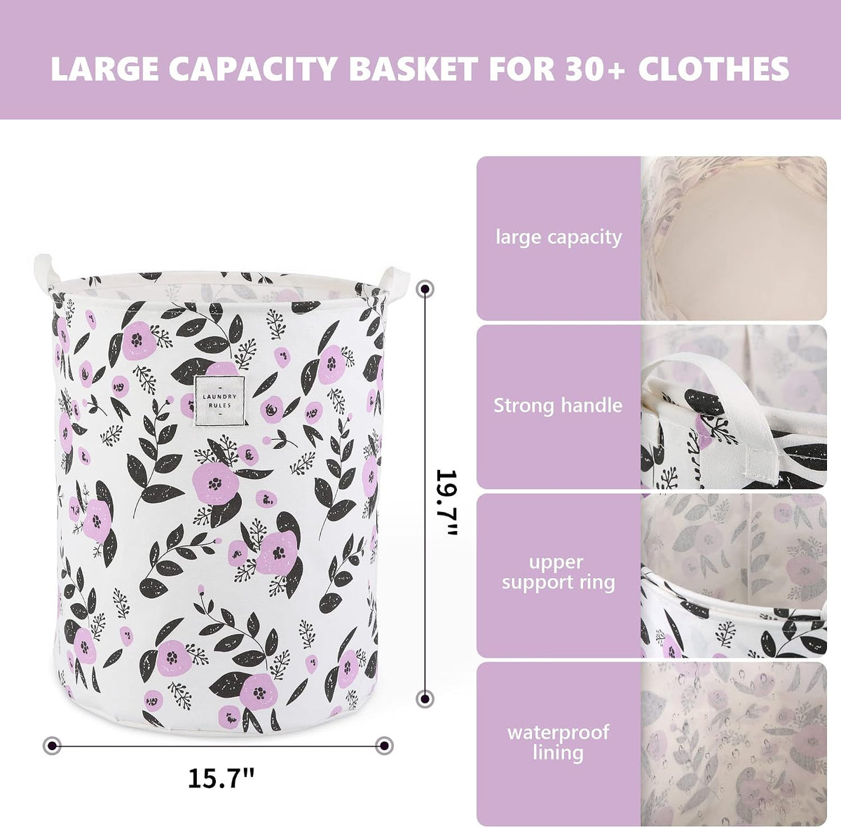 Large Foldable Laundry Basket Hamper Holder Portable Tall Collapsible Laundry Hamper Nusery Storage Basket Bin with Handles, Canvas & Waterproof lining for Household Items (Floral Pink)